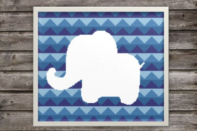 Baby Elephant Outline on Blue Geometric Background Cross Stitch Pattern
