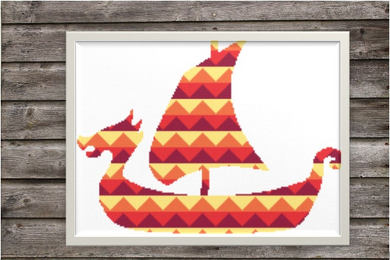 Gorgeous geometric viking ship silhouette in contrasting yellow, orange and red. Perfect for lovers of Norse Mythology.